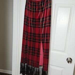 Red velvet Plaid Skirt with Fringe